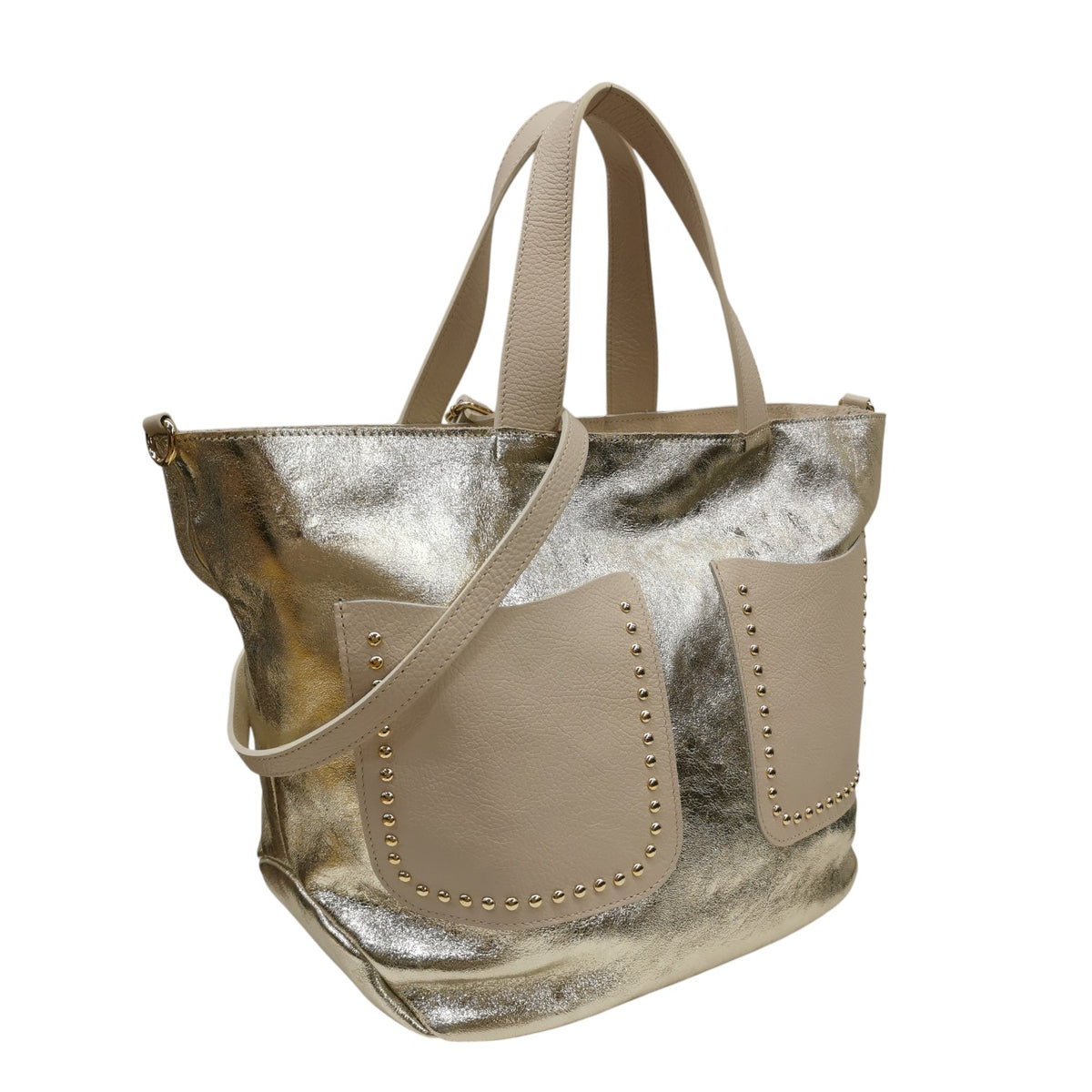 M Brc Borsa a Mano Grande Donna Linea Poket in Pelle Platino con Tracolla