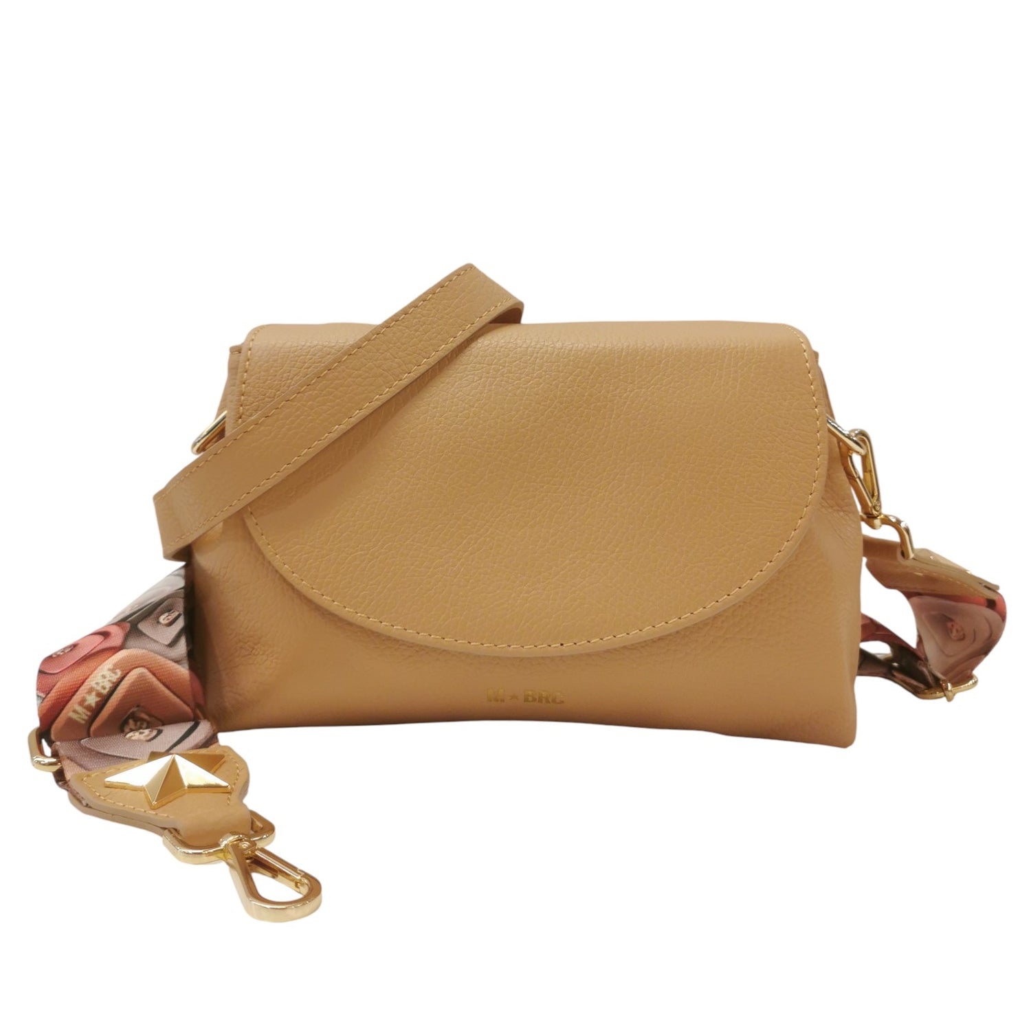 M Brc Tracolla Donna Media Linea Obona in Pelle Martellata Cammello