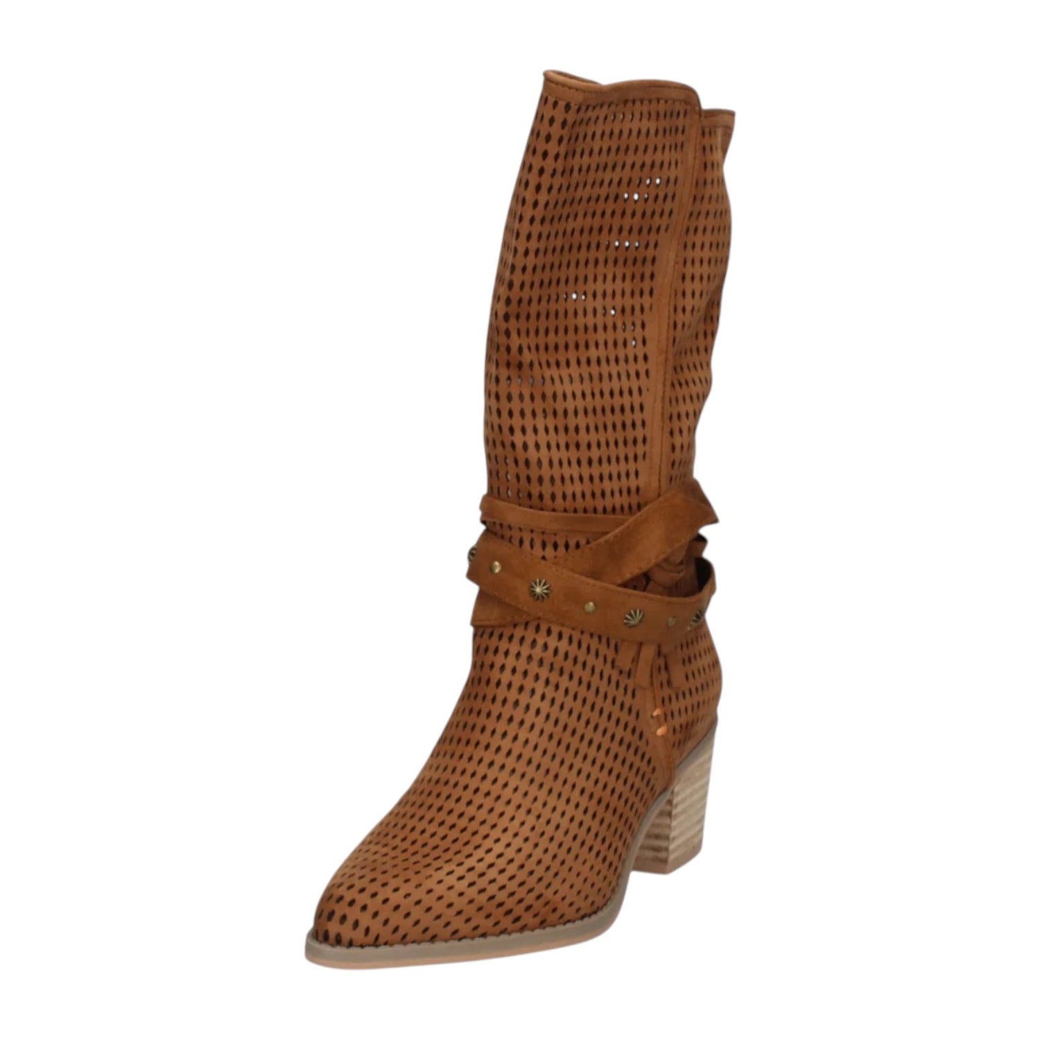 Refresh Stivale Camperos Donna in Camoscio Traforato Cammello con Tacco Effetto Legno Alto 40mm