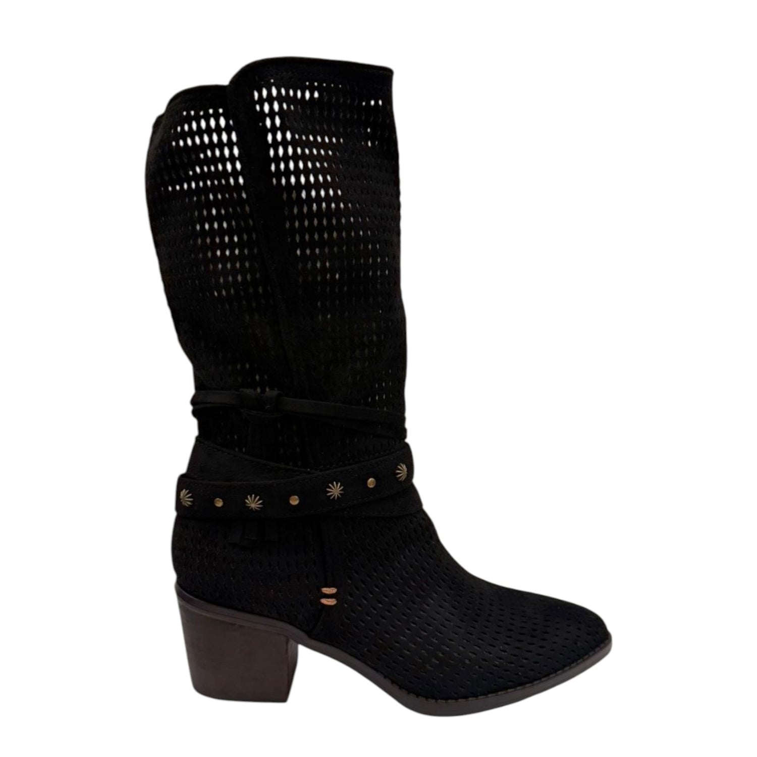 Refresh Stivale Camperos Donna in Camoscio Traforato Nero con Tacco Effetto Legno Alto 40mm