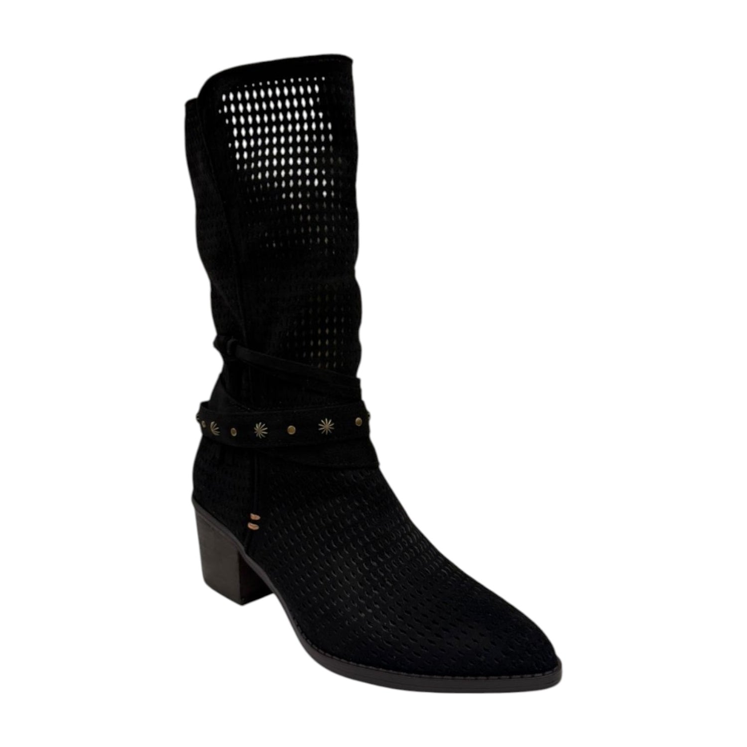 Refresh Stivale Camperos Donna in Camoscio Traforato Nero con Tacco Effetto Legno Alto 40mm