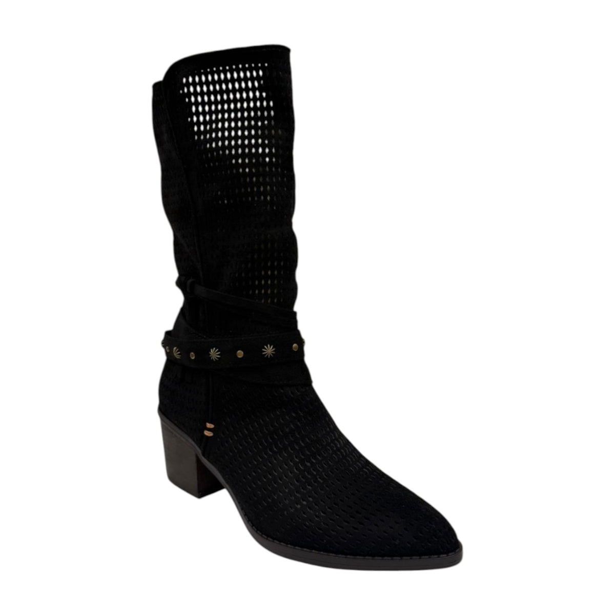 Refresh Stivale Camperos Donna in Camoscio Traforato Nero con Tacco Effetto Legno Alto 40mm