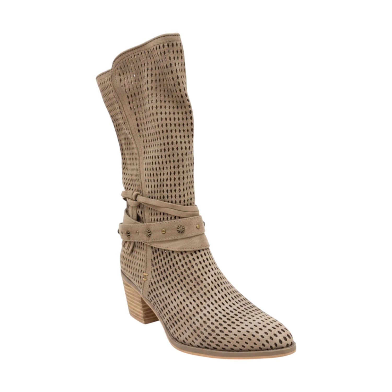 Refresh Stivale Camperos Donna in Camoscio Traforato Tortora con Tacco Effetto Legno Alto 40mm