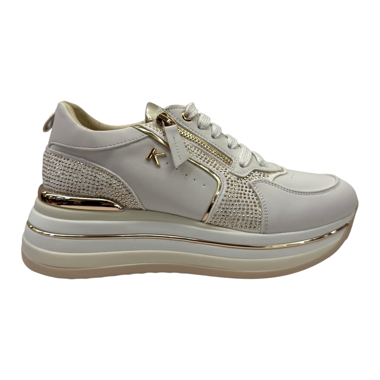 Keys Sneakers Donna in Ecopelle Bianca Oro con Strass e Zeppa