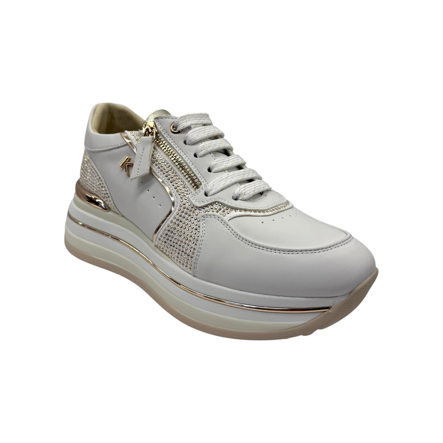 Keys Sneakers Donna in Ecopelle Bianca Oro con Strass e Zeppa