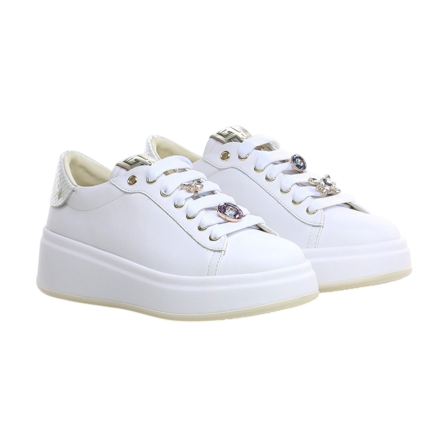 Gio+ Sneakers Platform Donna in Pelle Bianca con Charm Gioiello Removibili