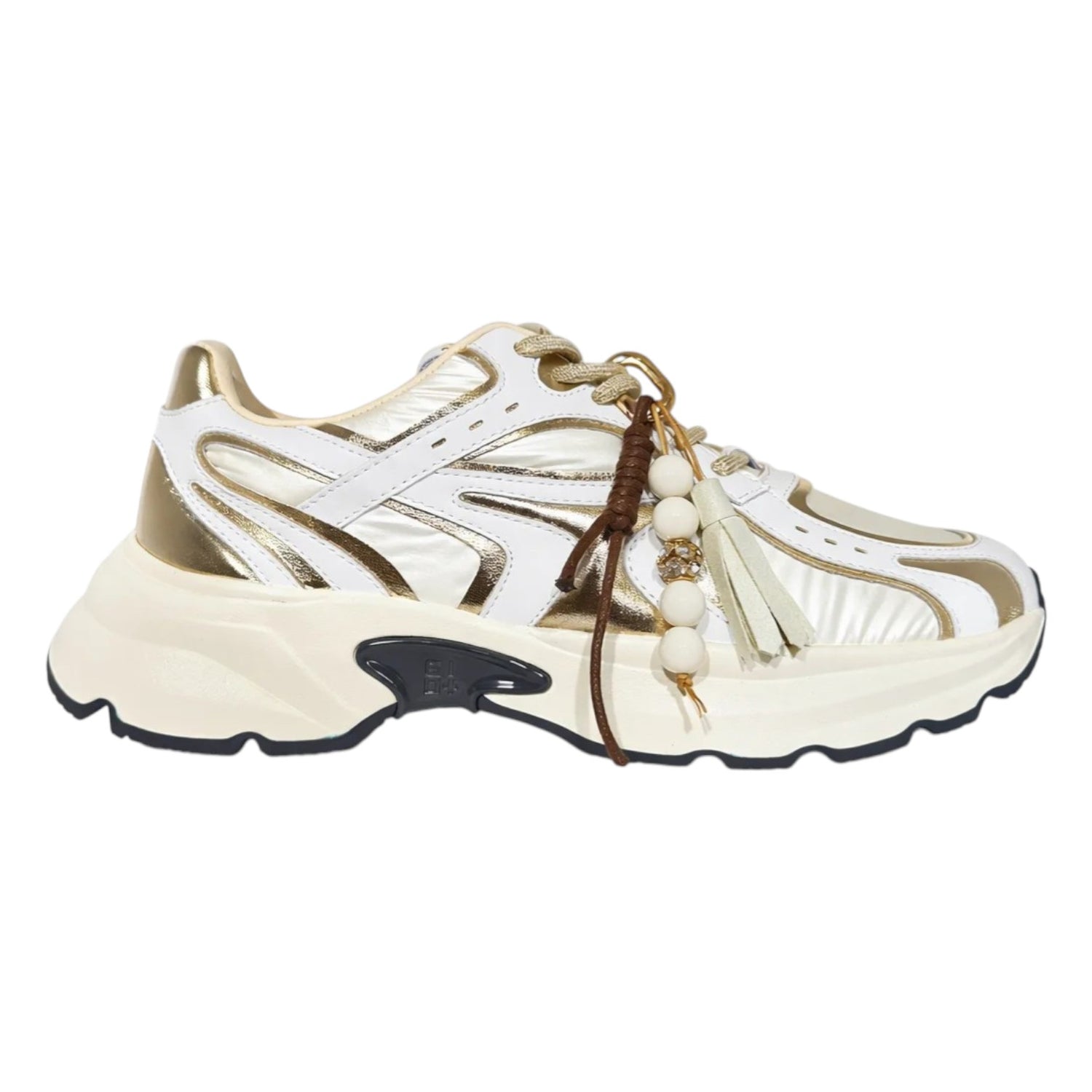 Gio+ Sneakers Donna in Pelle e Tessuto Bianco Oro con Charm