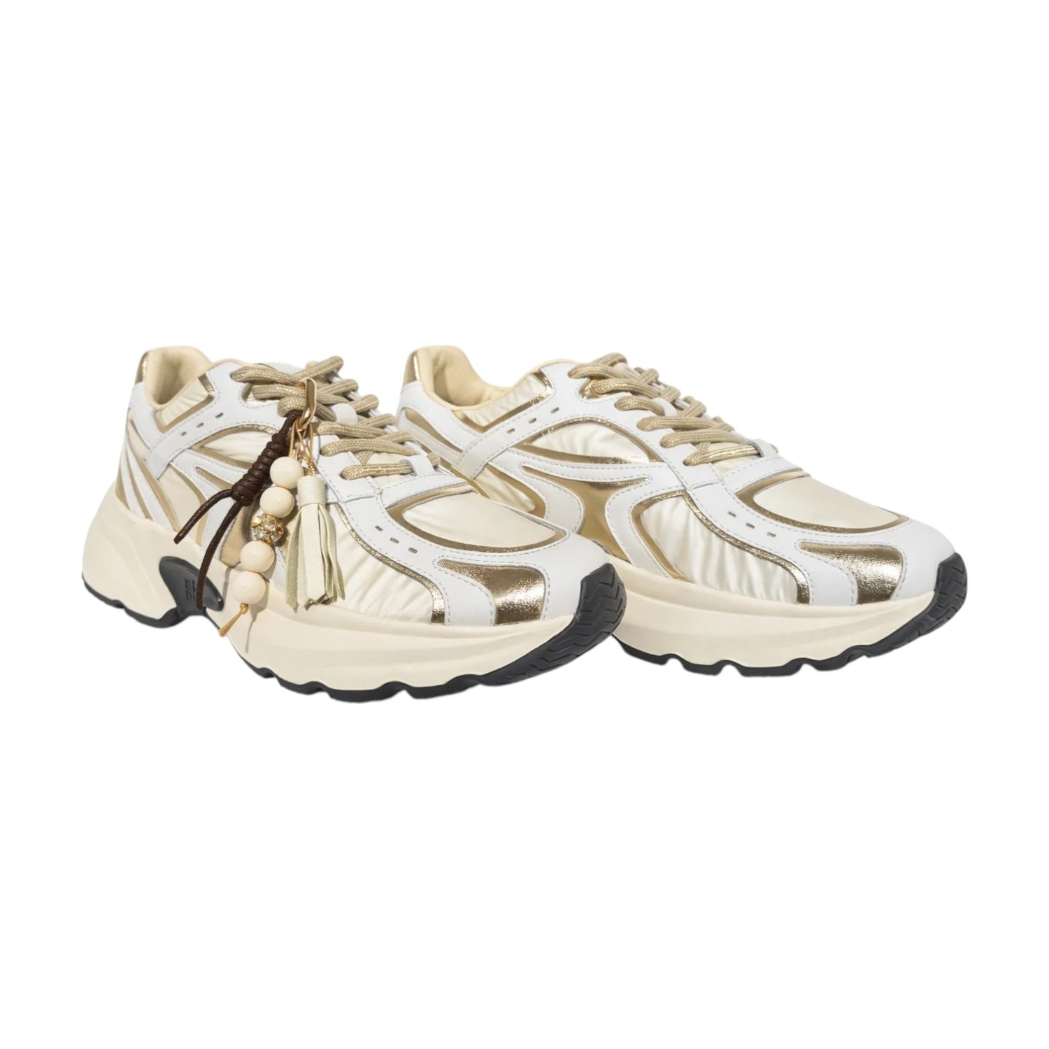 Gio+ Sneakers Donna in Pelle e Tessuto Bianco Oro con Charm