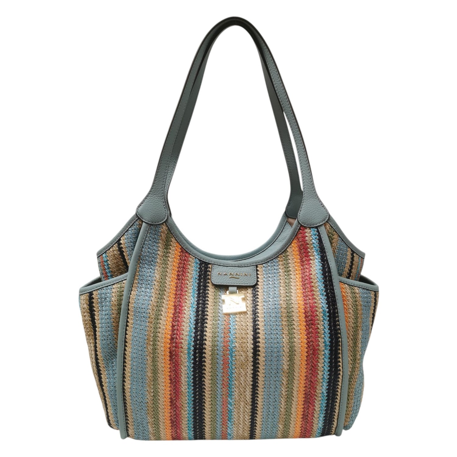 Nannini Firenze Borsa a Spalla Donna Linea Siria-G in Pelle e Raffia Cielo con Doppio Manico