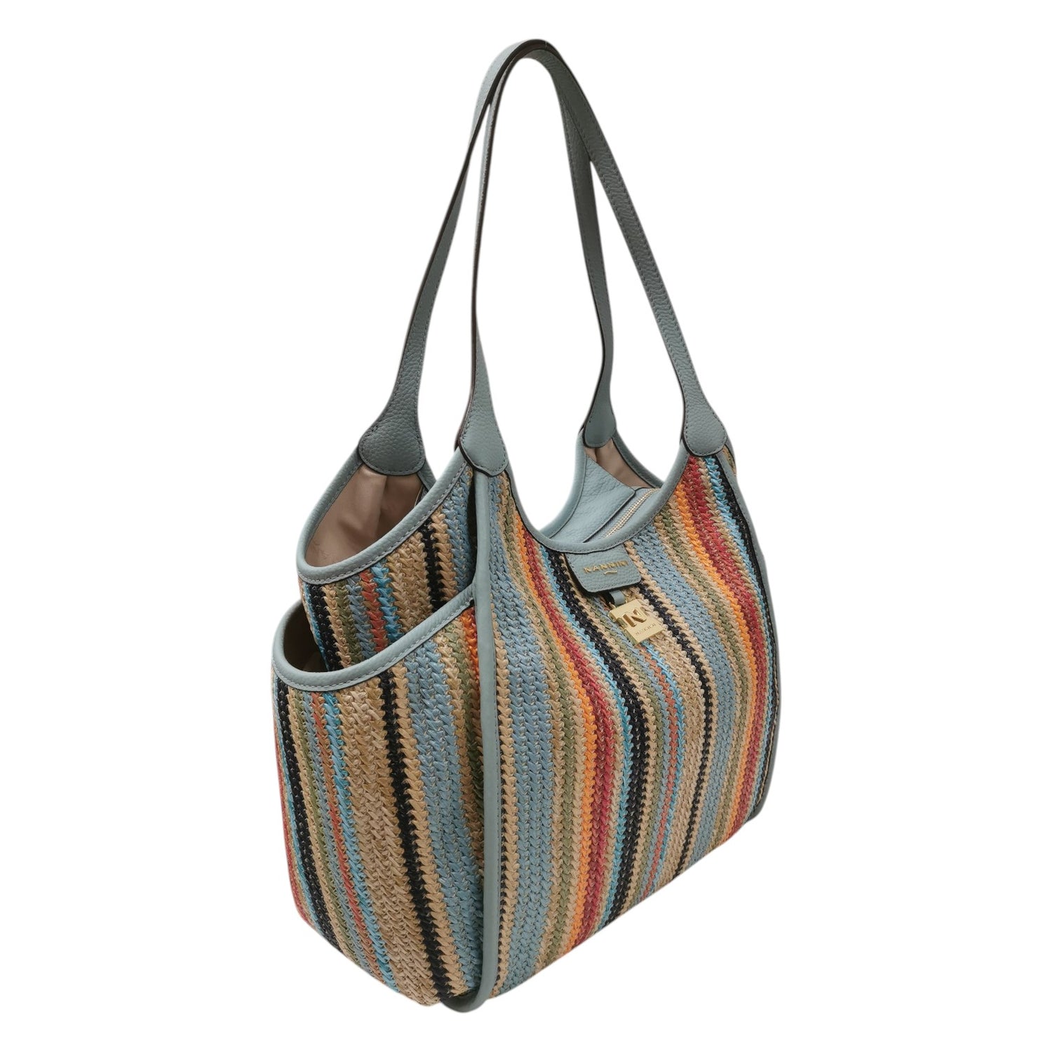 Nannini Firenze Borsa a Spalla Donna Linea Siria-G in Pelle e Raffia Cielo con Doppio Manico