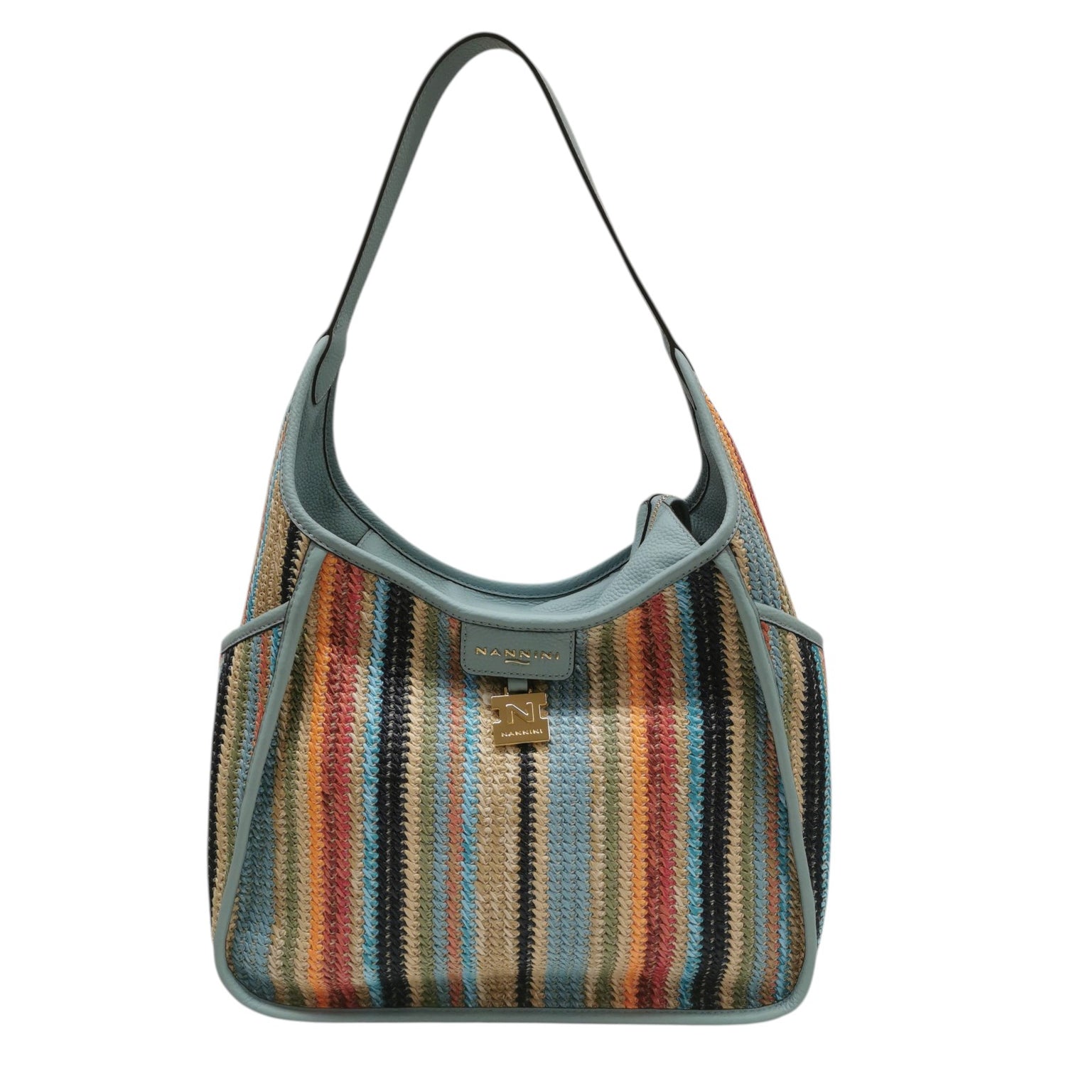 Nannini Firenze Borsa a Spalla Donna Linea Siria-G in Pelle e Raffia Cielo con Manico Unico