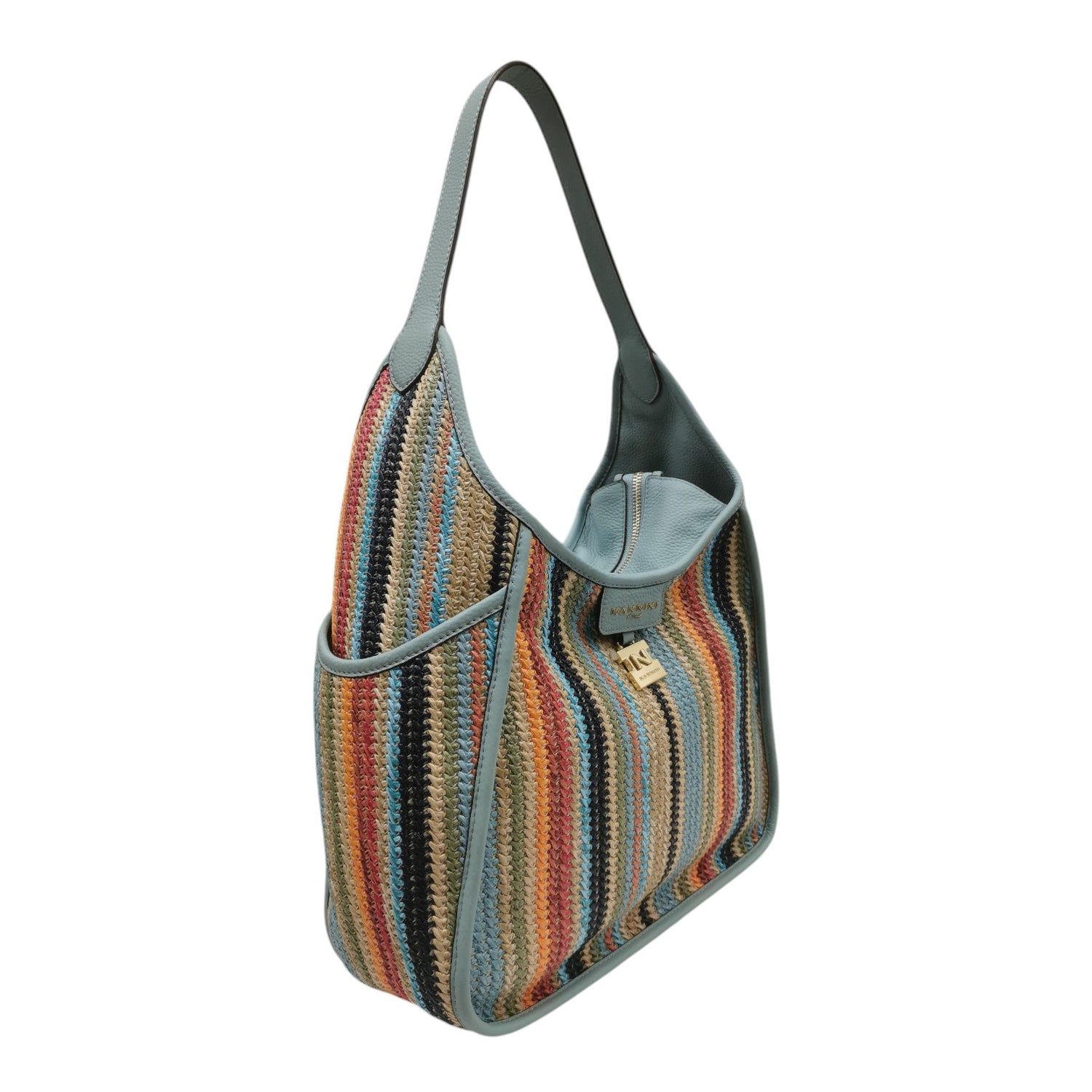 Nannini Firenze Borsa a Spalla Donna Linea Siria-G in Pelle e Raffia Cielo con Manico Unico