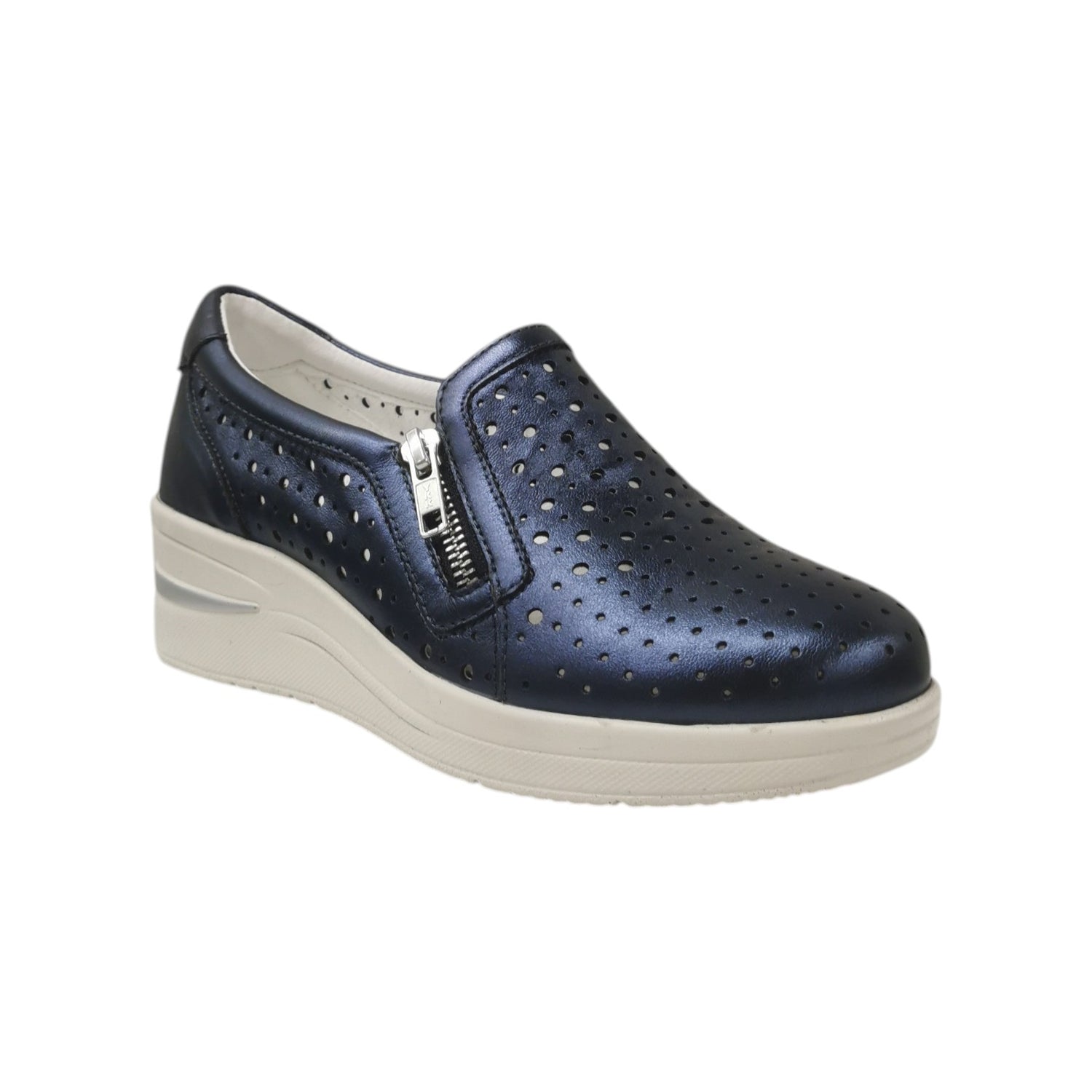 Susimoda Mocassino Donna in Pelle Traforata Laminata Blu con Zip Laterale