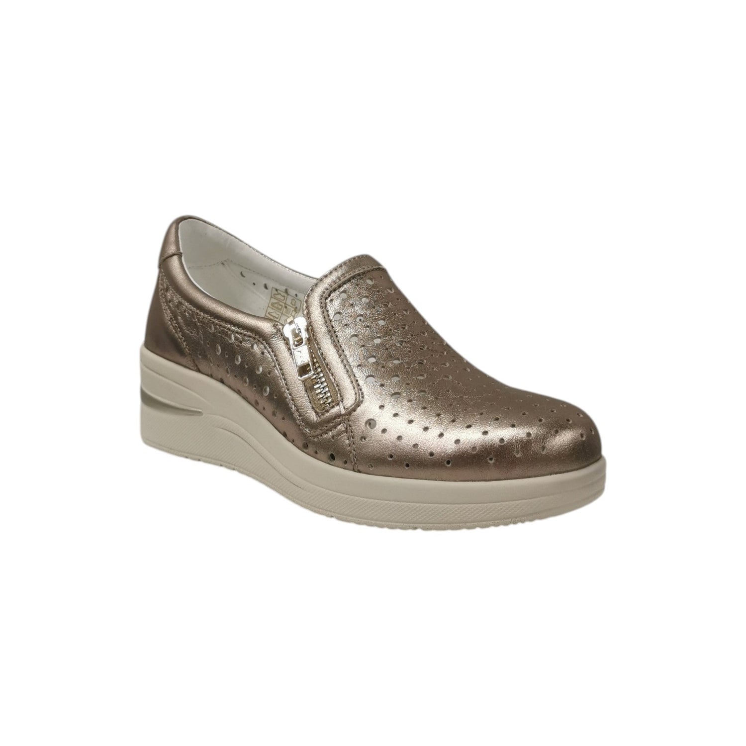 Susimoda Mocassino Donna in Pelle Traforata Laminata Bronzo con Zip Laterale