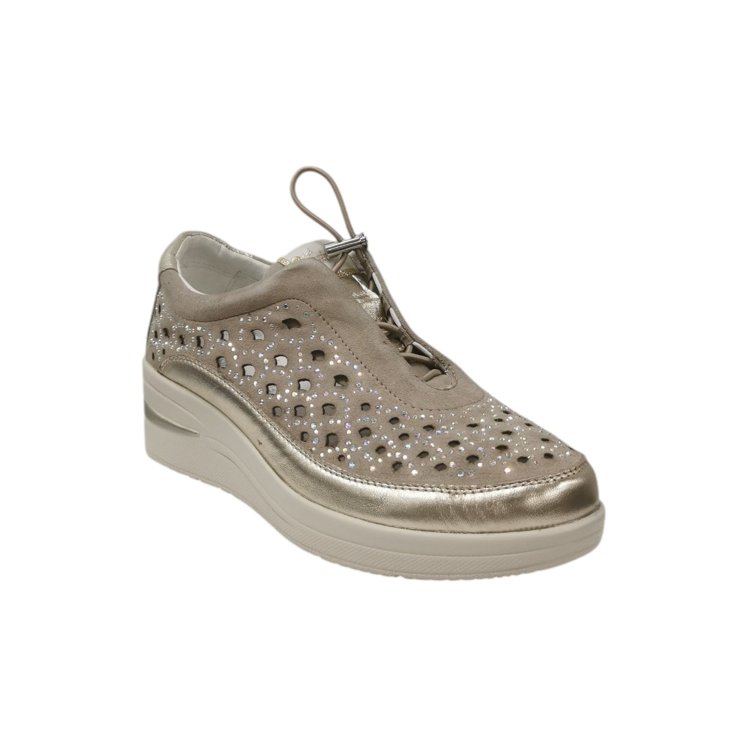 Susimoda Slip On Donna in Camoscio e Pelle Beige con Strass e Zeppa