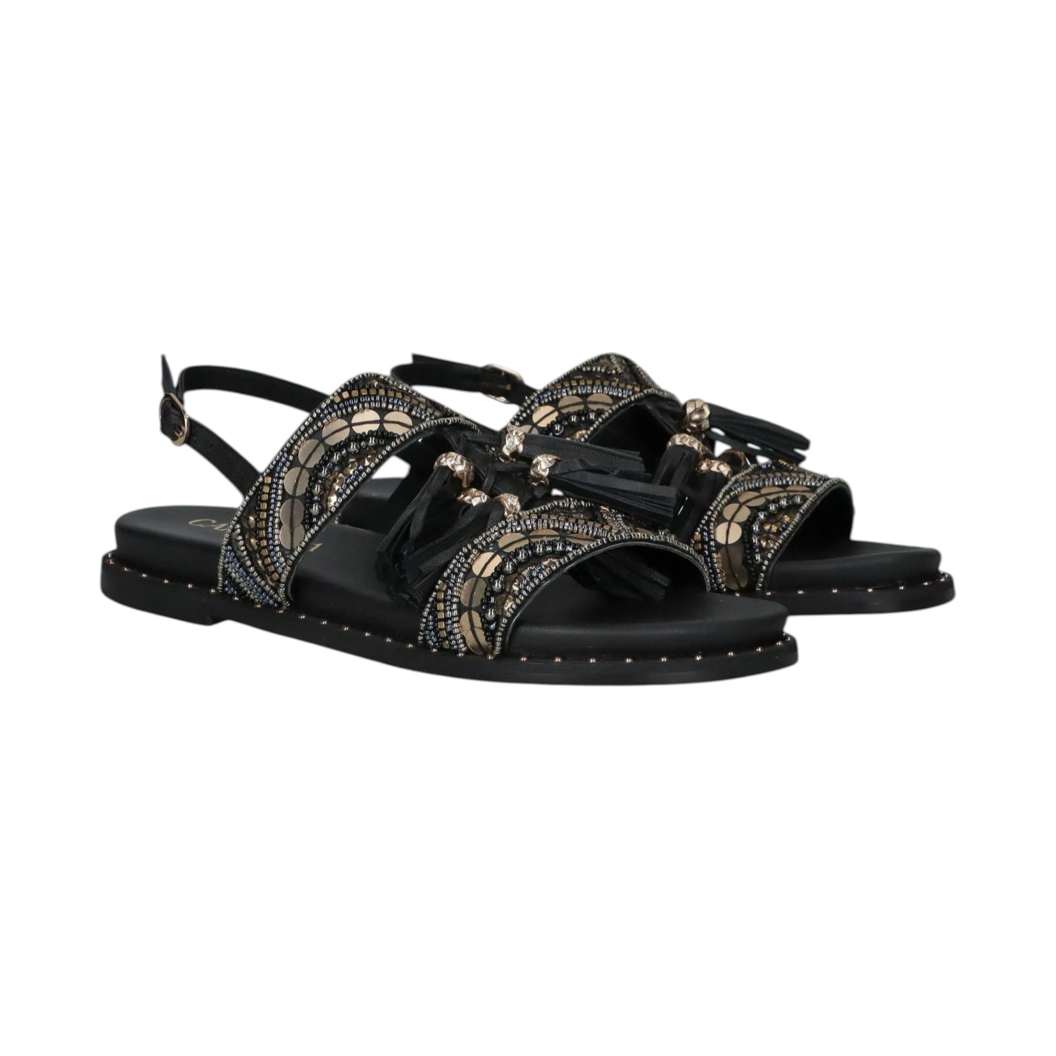 Carmela Sandalo Donna Nero con Perline e Frange