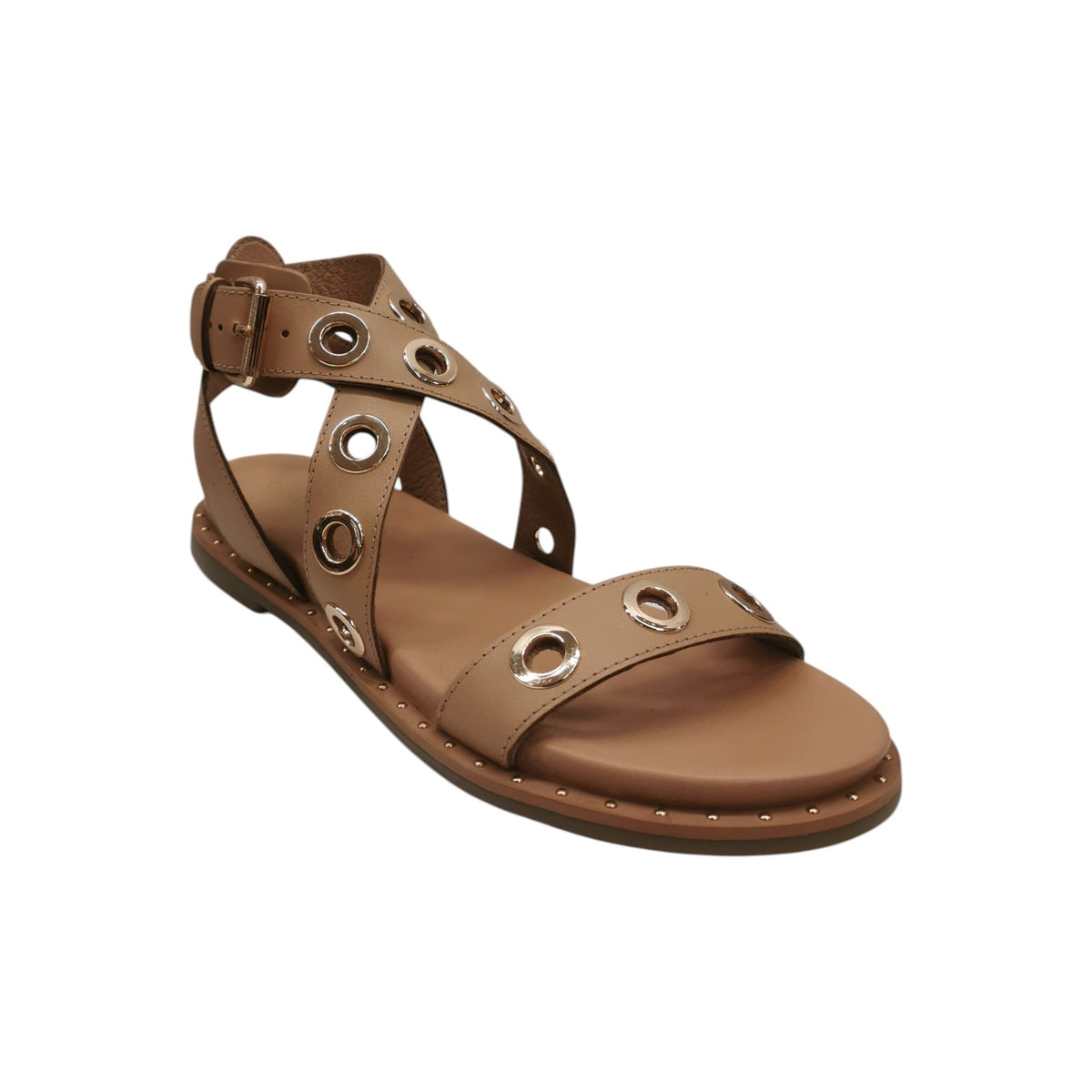 Carmela Sandalo Donna in Pelle Cammello con Occhielli Oro