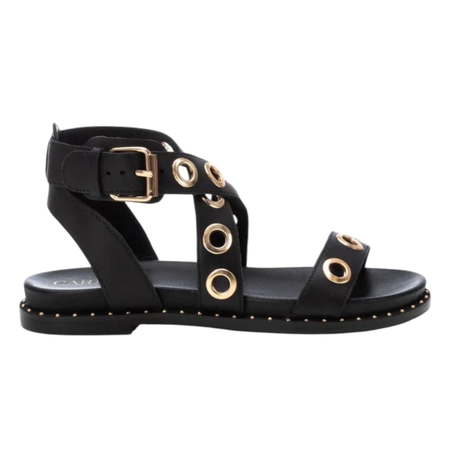 Carmela Sandalo Donna in Pelle Nera con Occhielli Oro