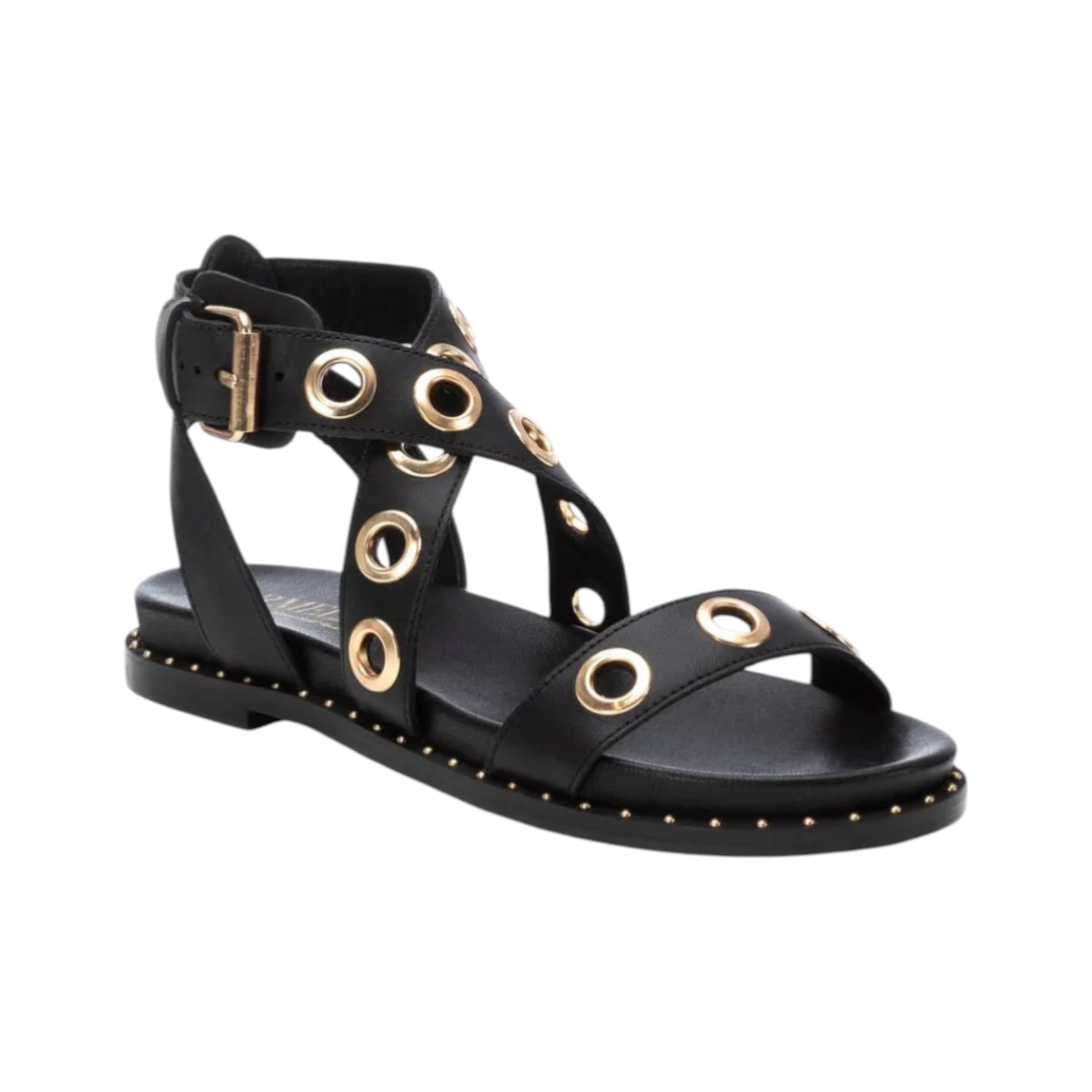 Carmela Sandalo Donna in Pelle Nera con Occhielli Oro