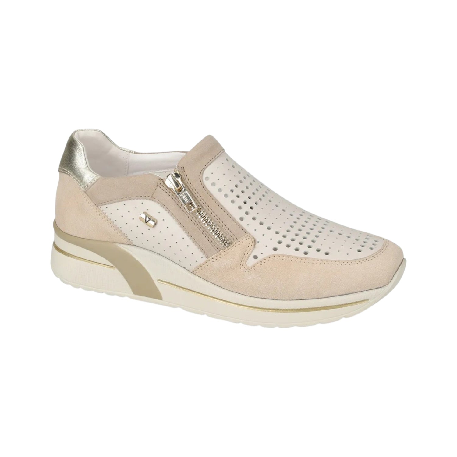 Valleverde Mocassino Donna in Pelle e Camoscio Traforato Beige con Zip