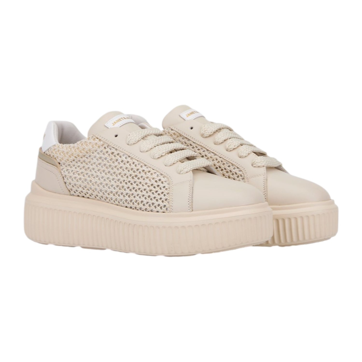 Janet&Janet Sneakers Donna Platform in Pelle e Tessuto Traforato Beige Bianco