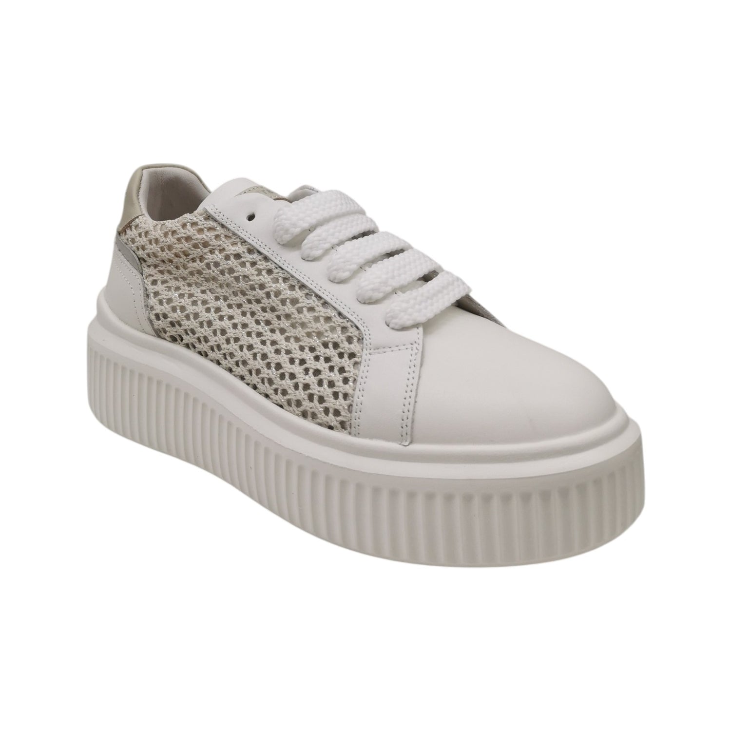 Janet&Janet Sneakers Donna Platform in Pelle e Tessuto Traforato Bianca Argento