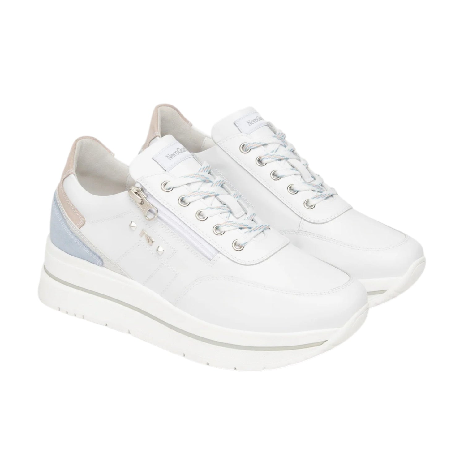Nero Giardini Sneakers Donna Platform in Pelle Bianca con Lacci e Zip