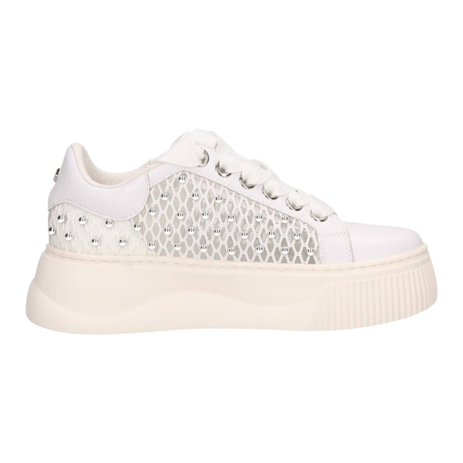 Cult Sneakers Platform Donna in Pelle Bianca con Rete e Borchie