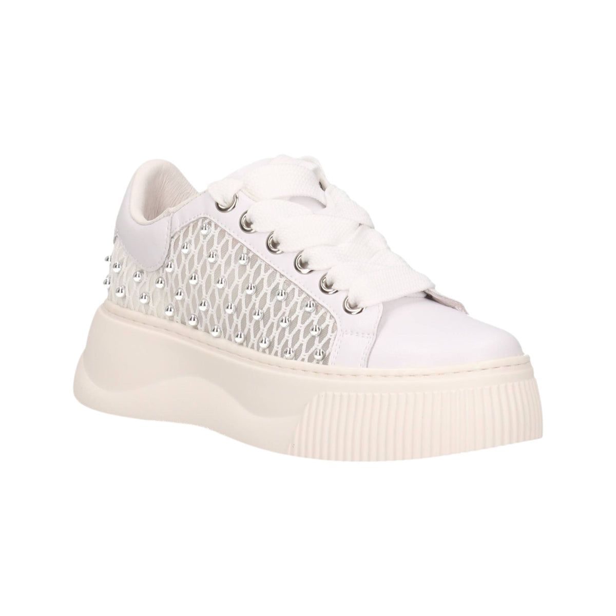 Cult Sneakers Platform Donna in Pelle Bianca con Rete e Borchie