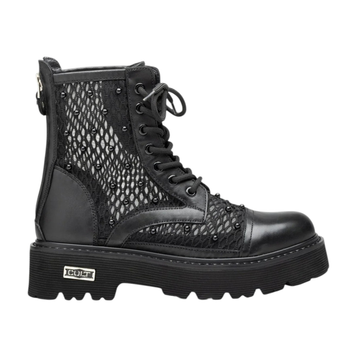 Cult Anfibio Donna in Pelle e Rete Nera con Borchie