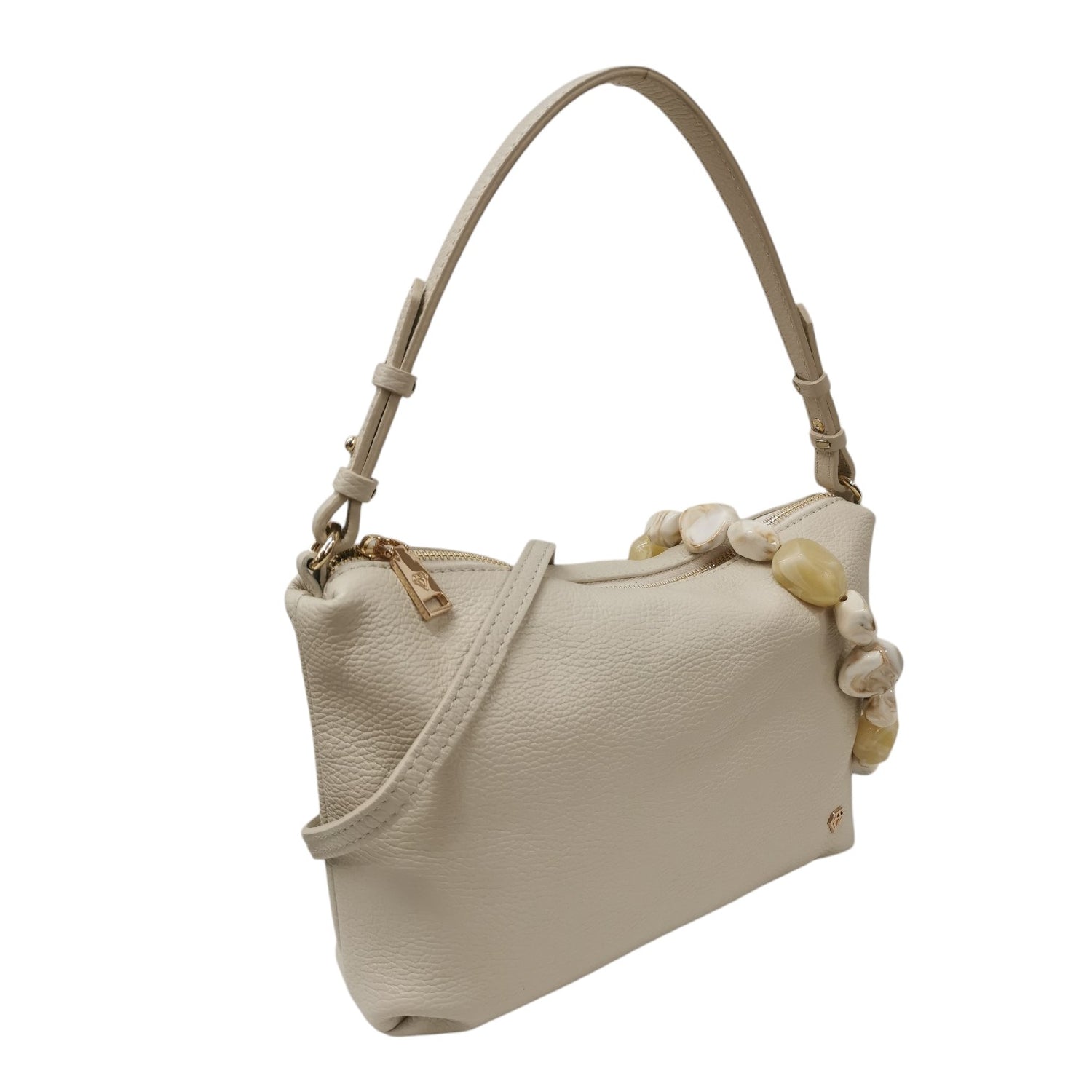 Caleidos Borsa a Spalla Donna in Pelle Beige con Manico Pietre