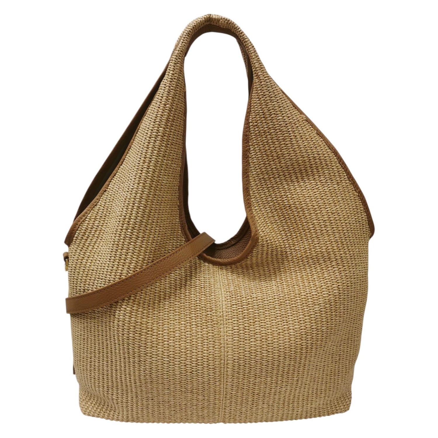 Caleidos Borsa a Spalla Grande Donna Caramello in Pelle e Raffia con Tracolla