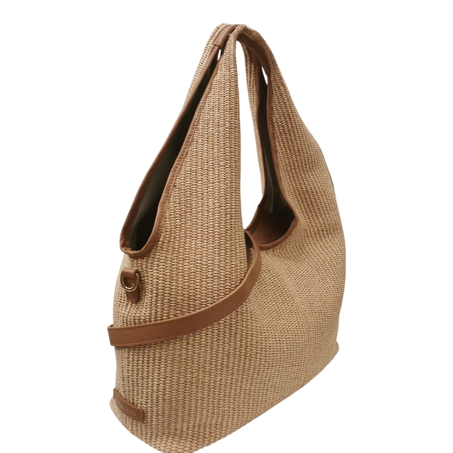 Caleidos Borsa a Spalla Grande Donna Caramello in Pelle e Raffia con Tracolla