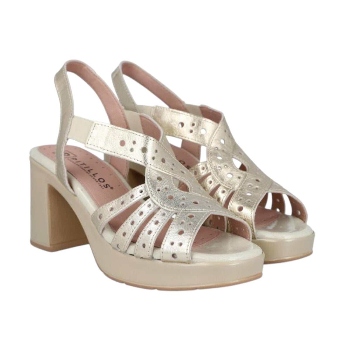 Pitillos Sandalo Donna in Pelle Traforata Oro con Tacco Largo Alto 80mm