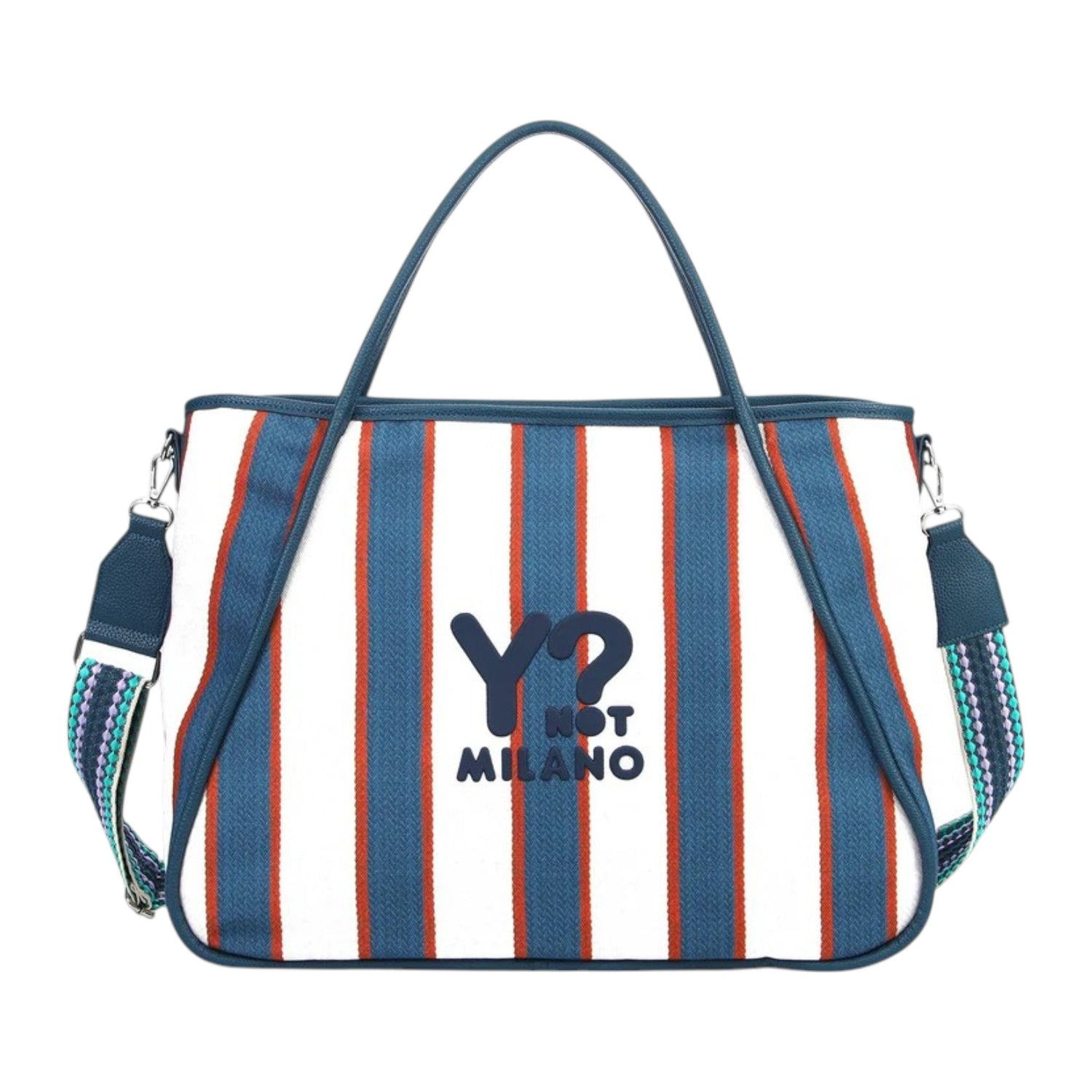 Ynot? Borsa a Mano Donna in Tessuto a Righe Blu con Tracolla in Tessuto
