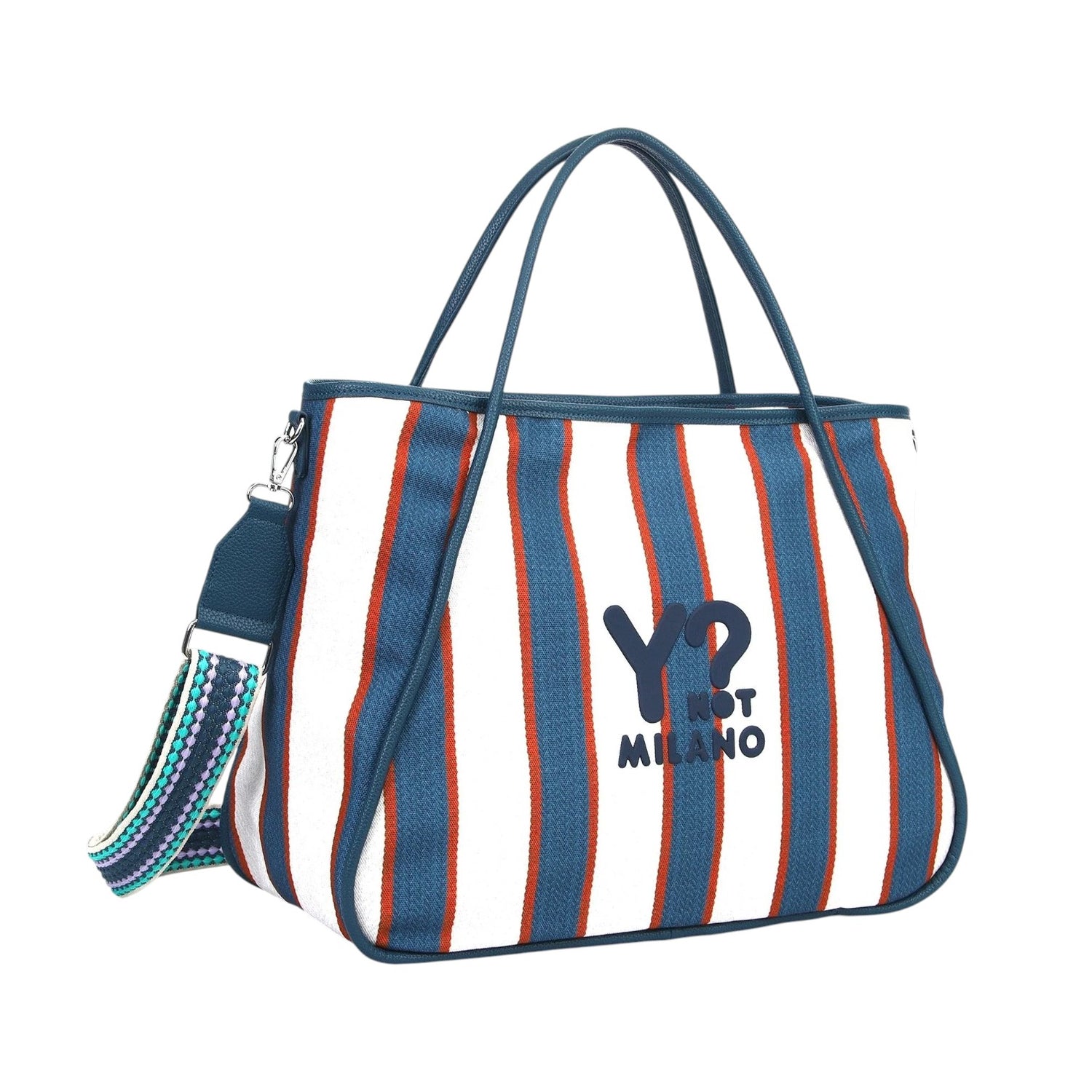 Ynot? Borsa a Mano Donna in Tessuto a Righe Blu con Tracolla in Tessuto