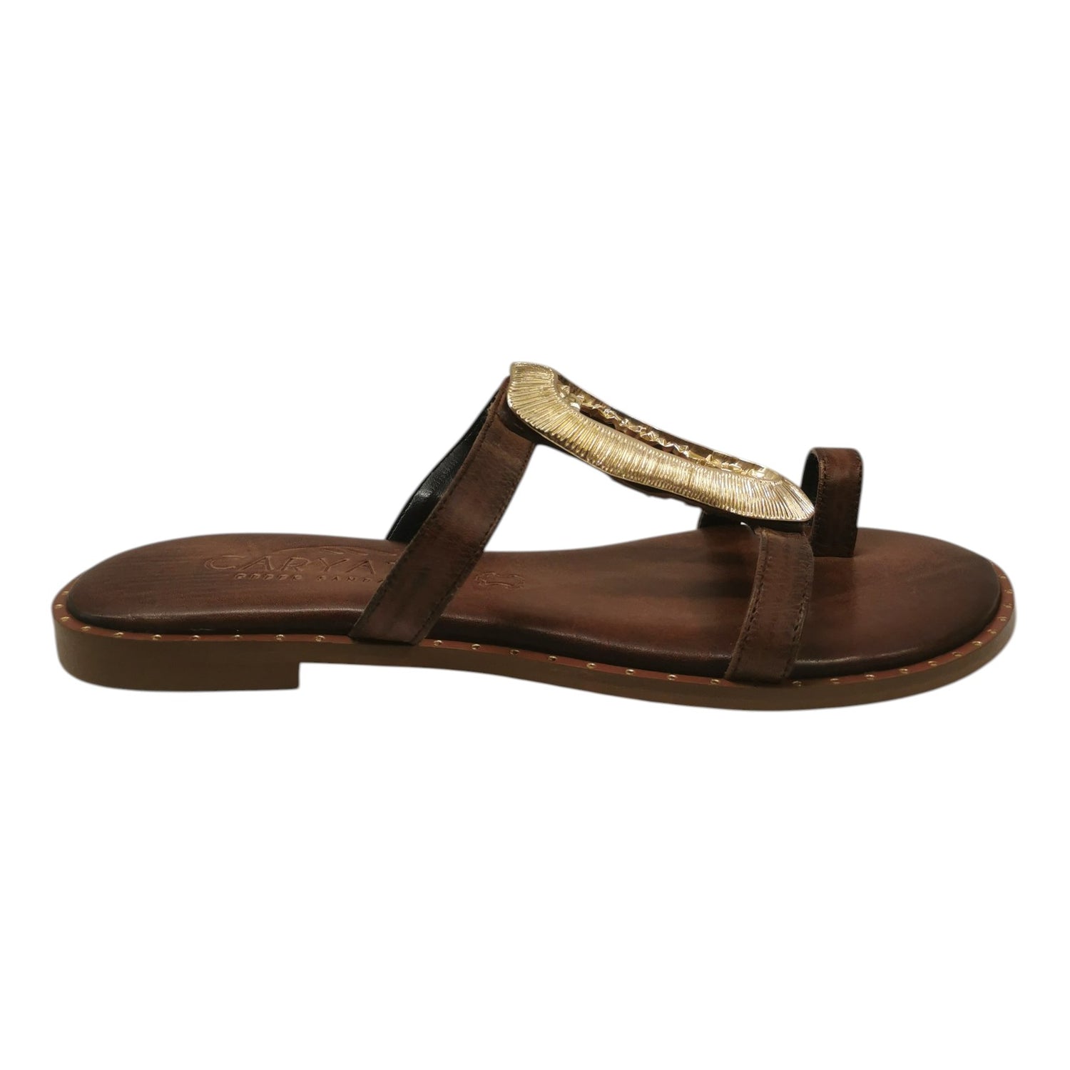 Caryatis Infradito Donna in Pelle Marrone con Dettaglio Oro