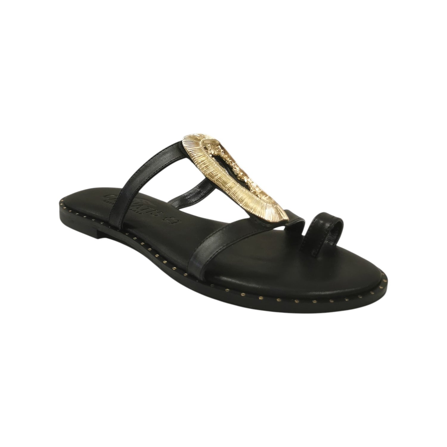 Caryatis Infradito Donna in Pelle Nera con Dettaglio Oro