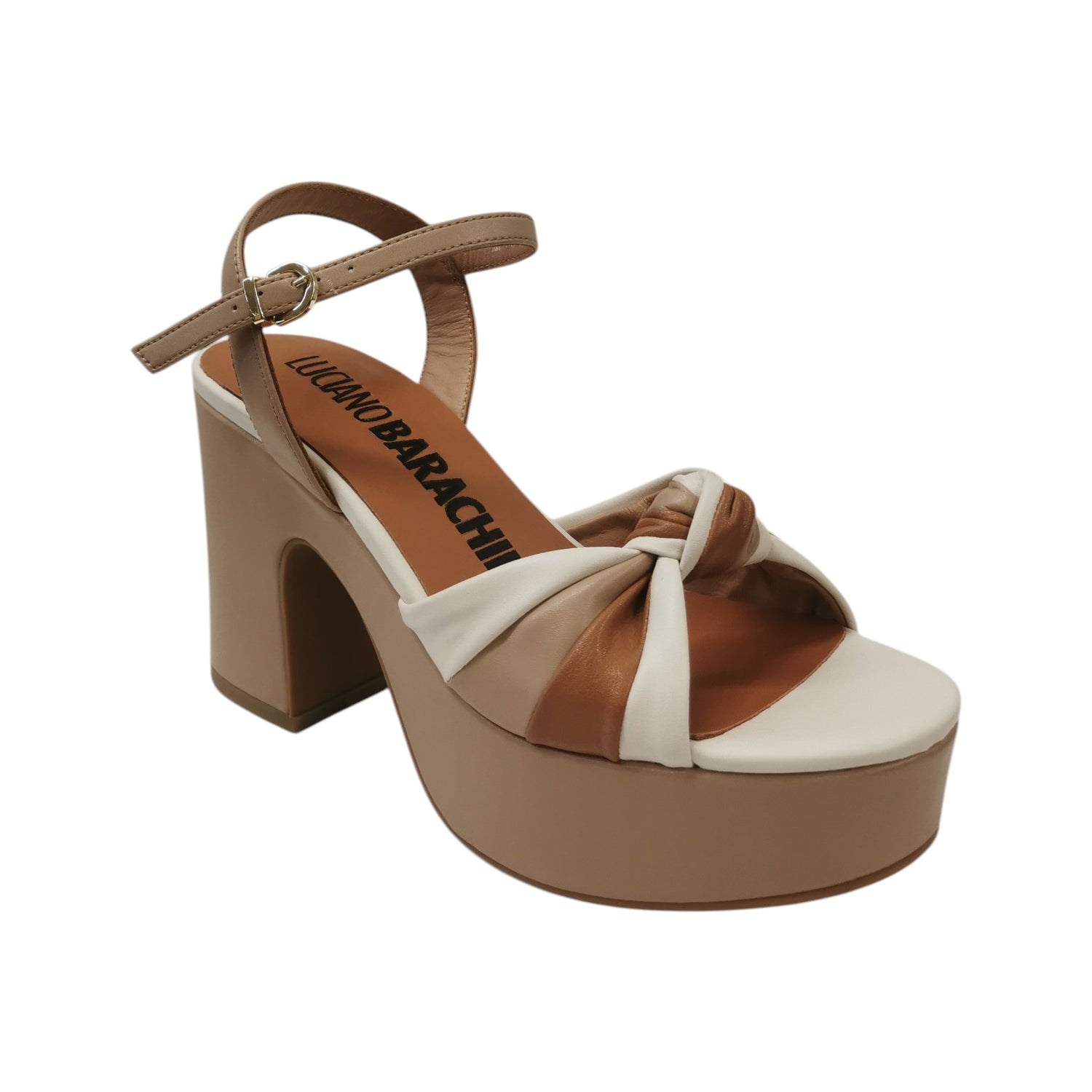 Luciano Barachini Sandalo Donna in Pelle Cammello Multi con Tacco Largo Alto 100mm