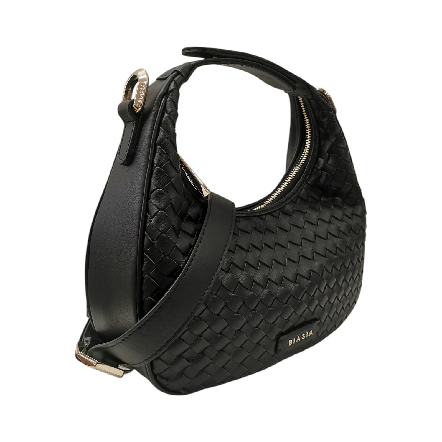 Biasia Borsa a Mano Donna Mezzaluna Piccola Intrecciata Nera