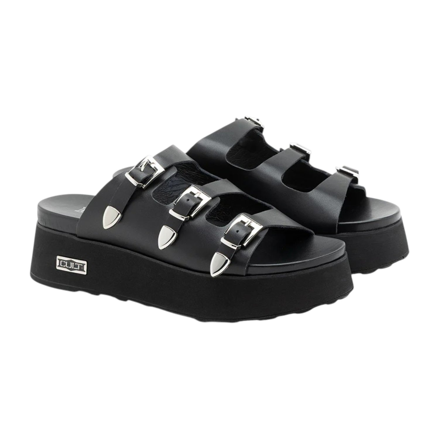 Cult Ciabatta Donna Platform in Pelle Nera con Triplo Cinturino
