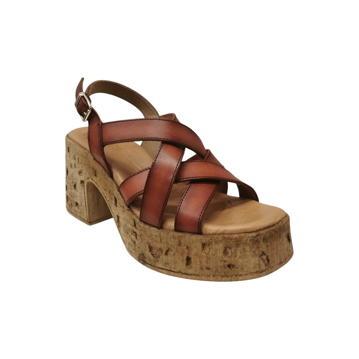 Porronet Sandalo Donna in Pelle Cuoio con Tacco Largo Alto 85mm