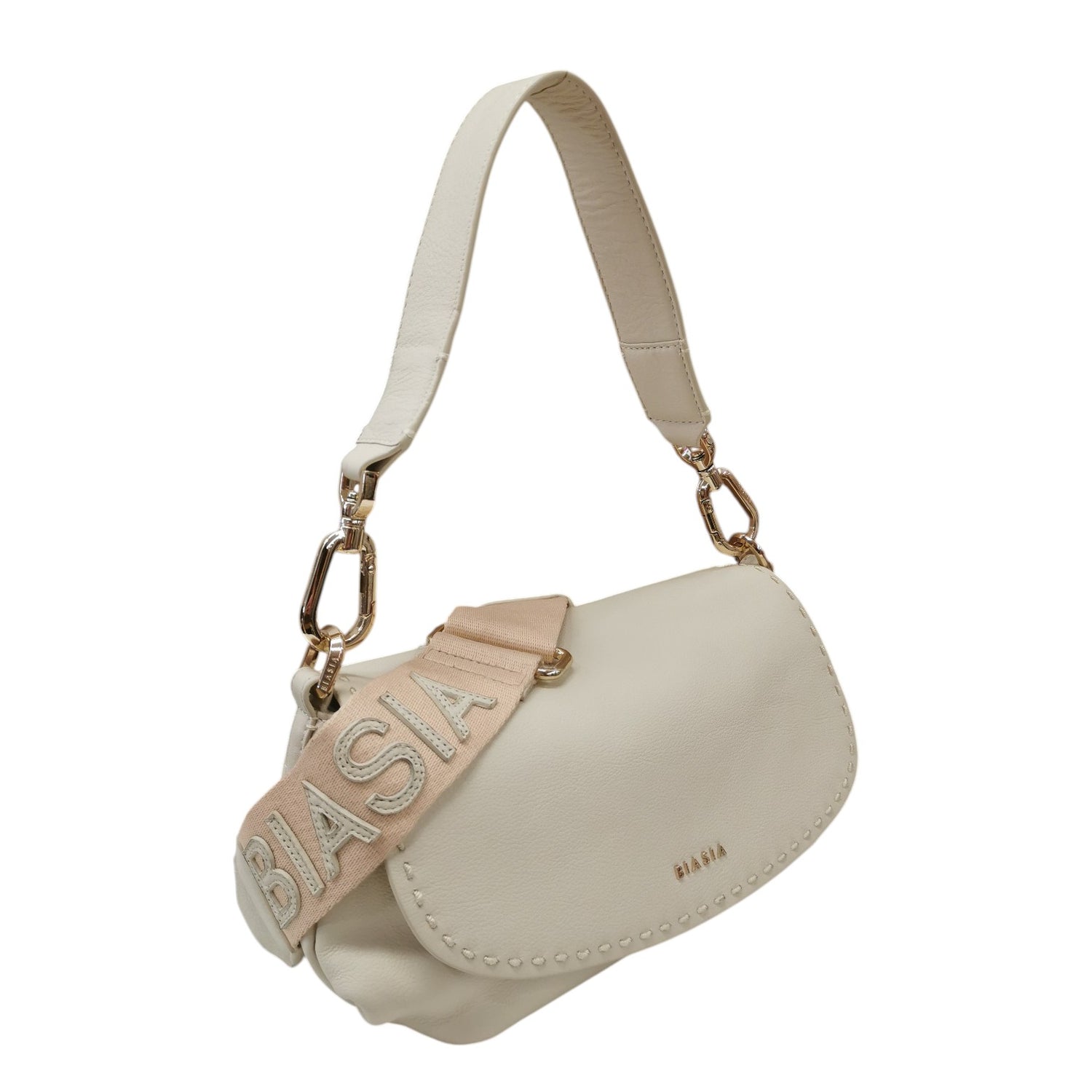 Biasia Borsa a Spalla Donna in Pelle Avorio con Tracolla in Tessuto