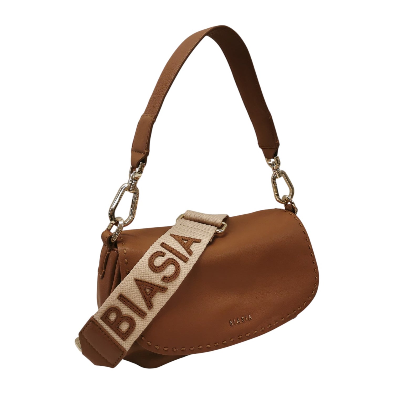 Biasia Borsa a Spalla Donna in Pelle Cuoio con Tracolla in Tessuto