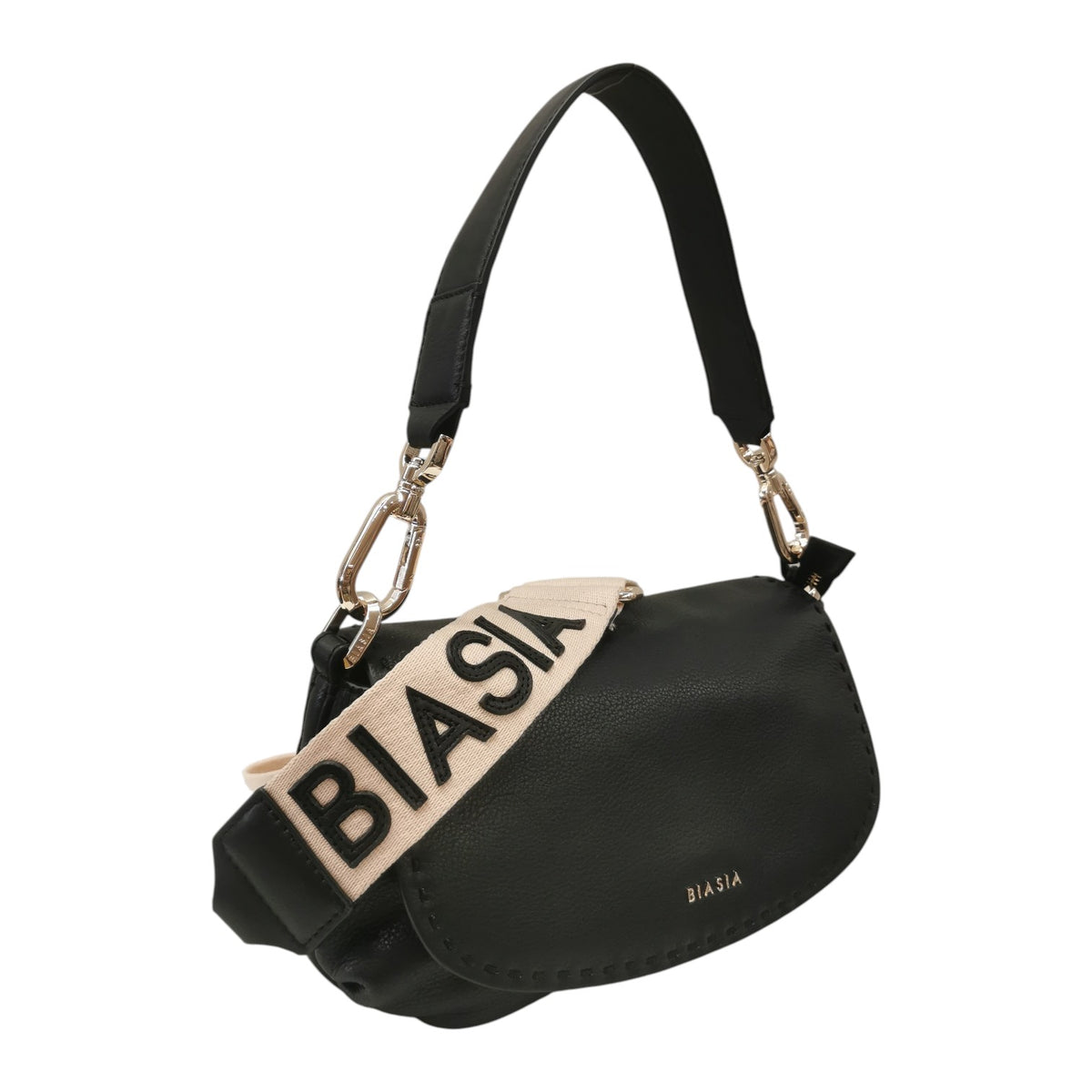 Biasia Borsa a Spalla Donna in Pelle Nera con Tracolla in Tessuto