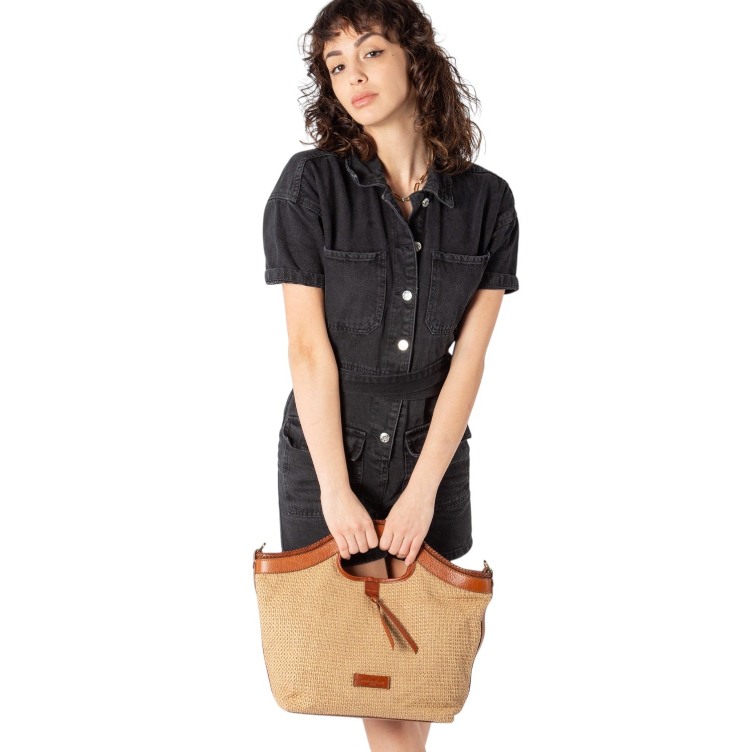 Pelletteria Veneta Borsa a Mano Donna in Pelle e Raffia Cuoio con Pochette