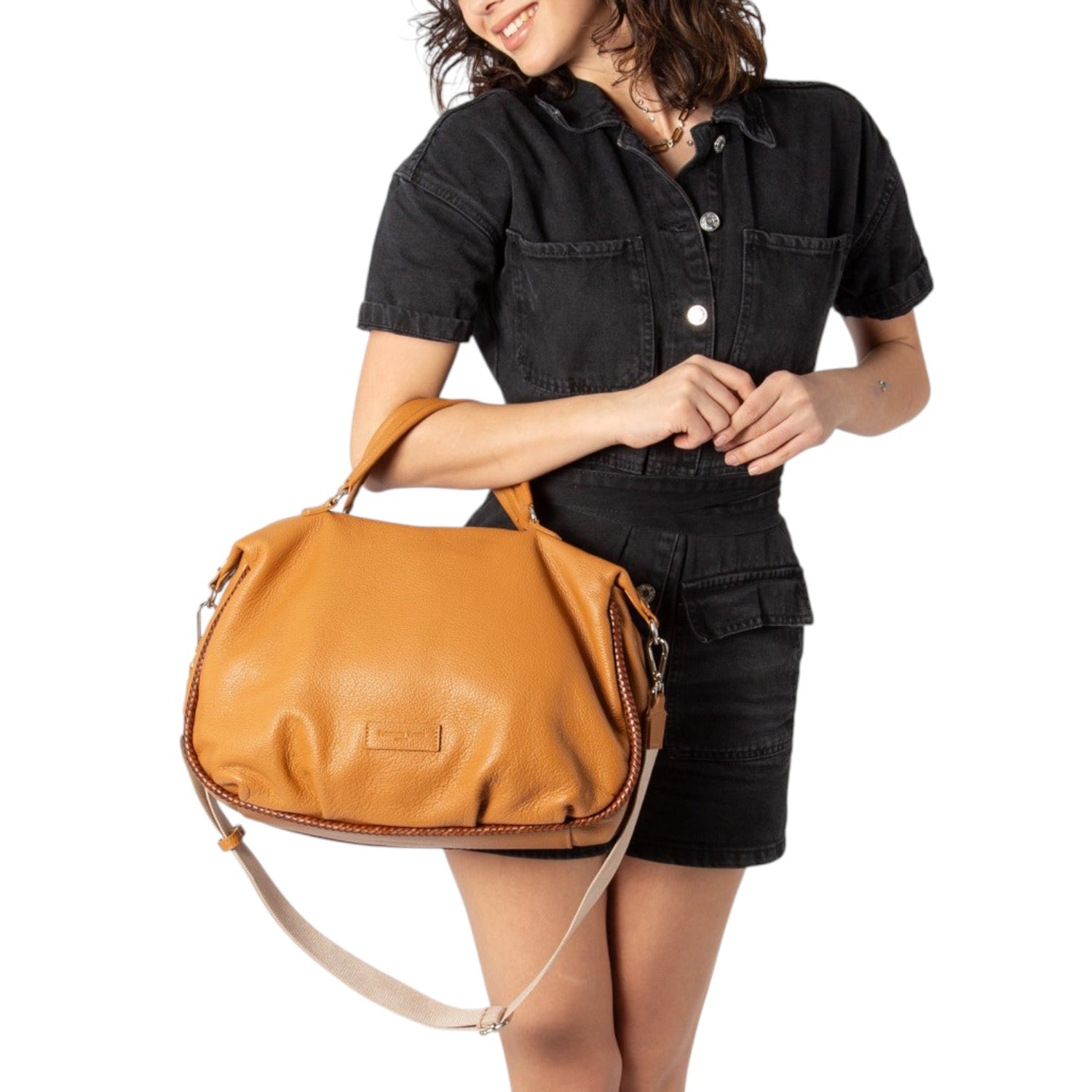 Pelletteria Veneta Borsa a Mano Donna in Pelle Cuoio con Tracolla in Tessuto