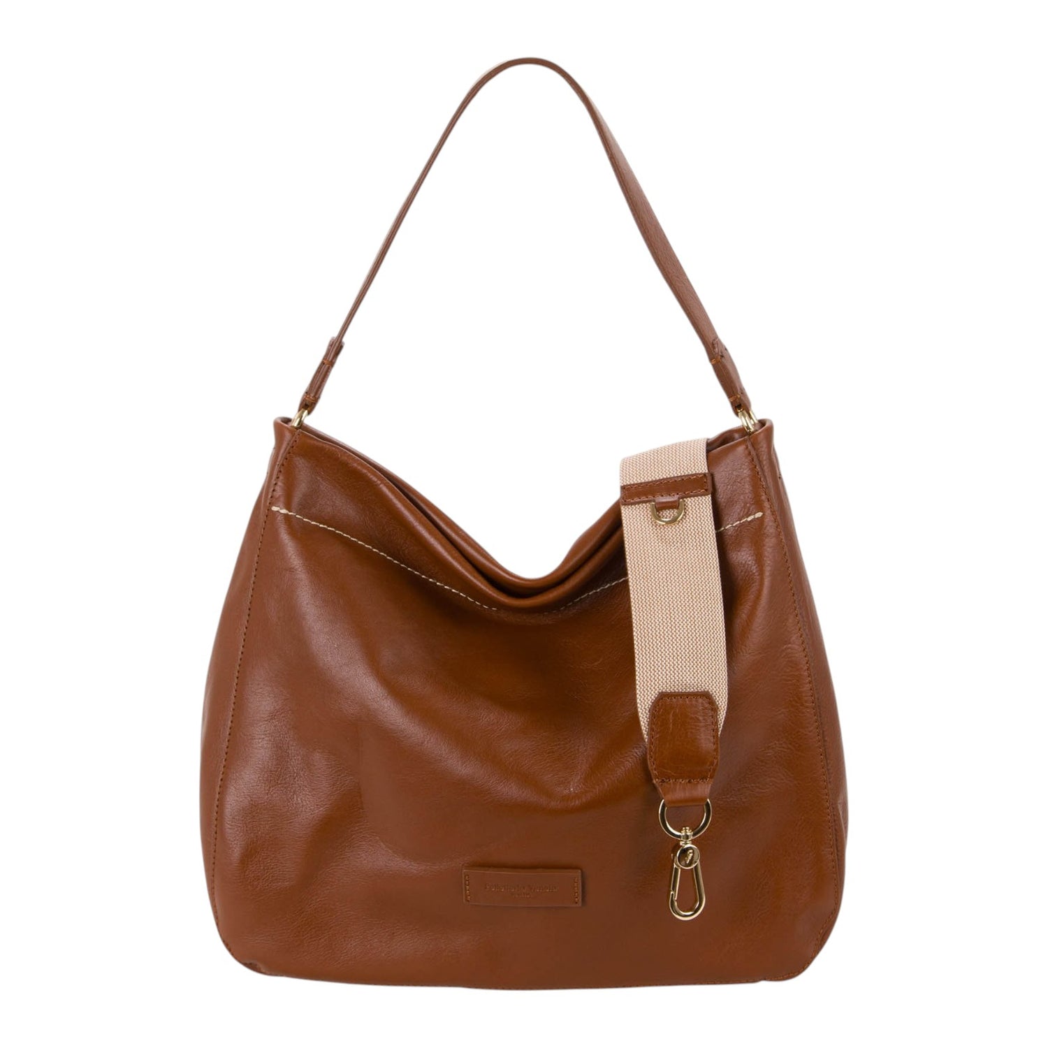 Pelletteria Veneta Borsa a Spalla Donna in Pelle Cuoio con Tracolla in Tessuto