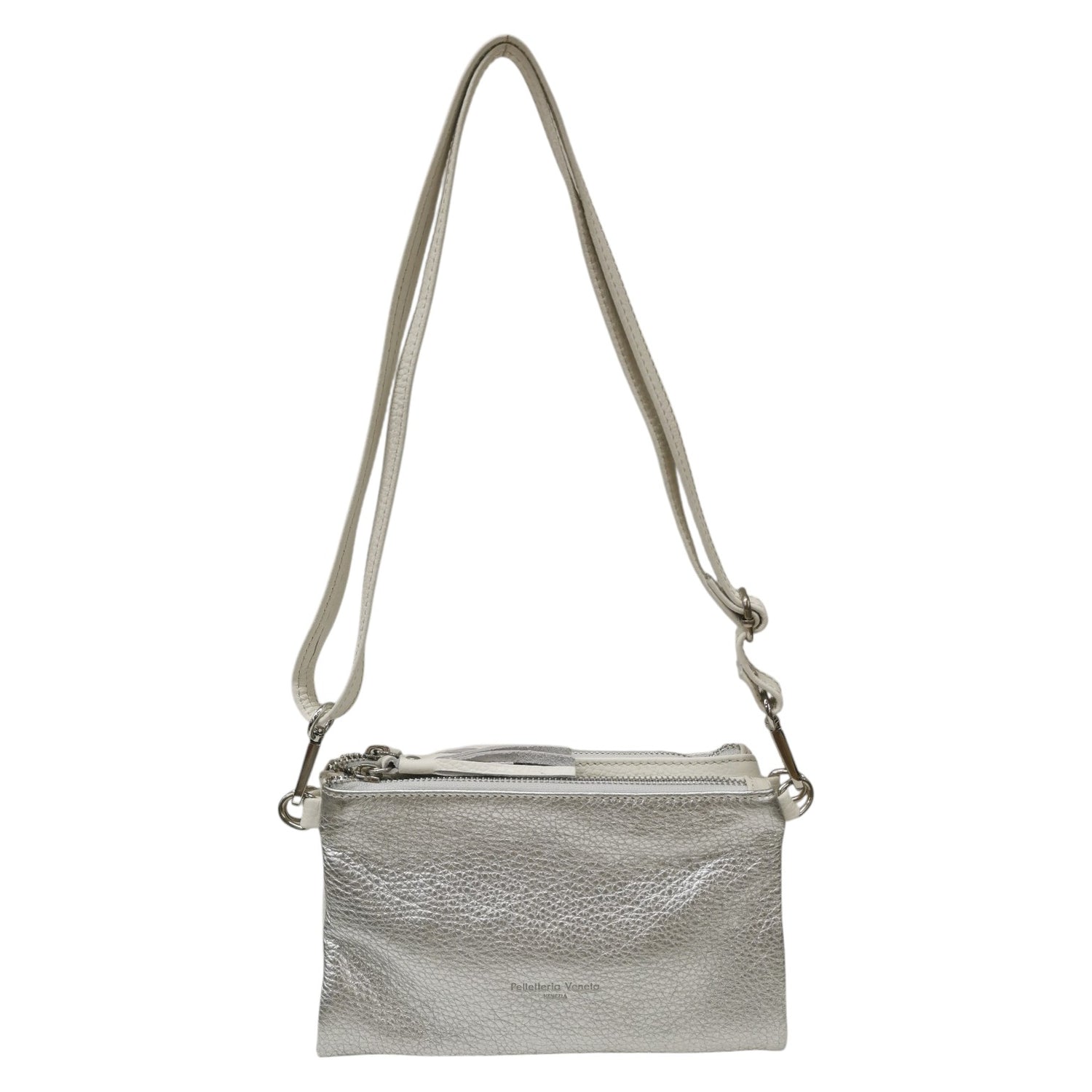 Pelletteria Veneta Borsa a Tracolla Donna Double Face in Pelle Argento Bianco