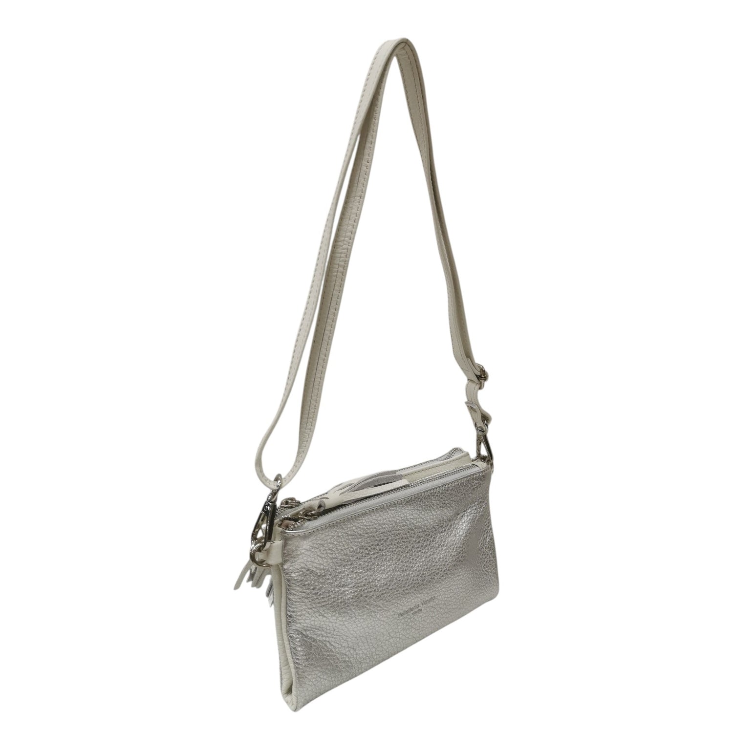 Pelletteria Veneta Borsa a Tracolla Donna Double Face in Pelle Argento Bianco